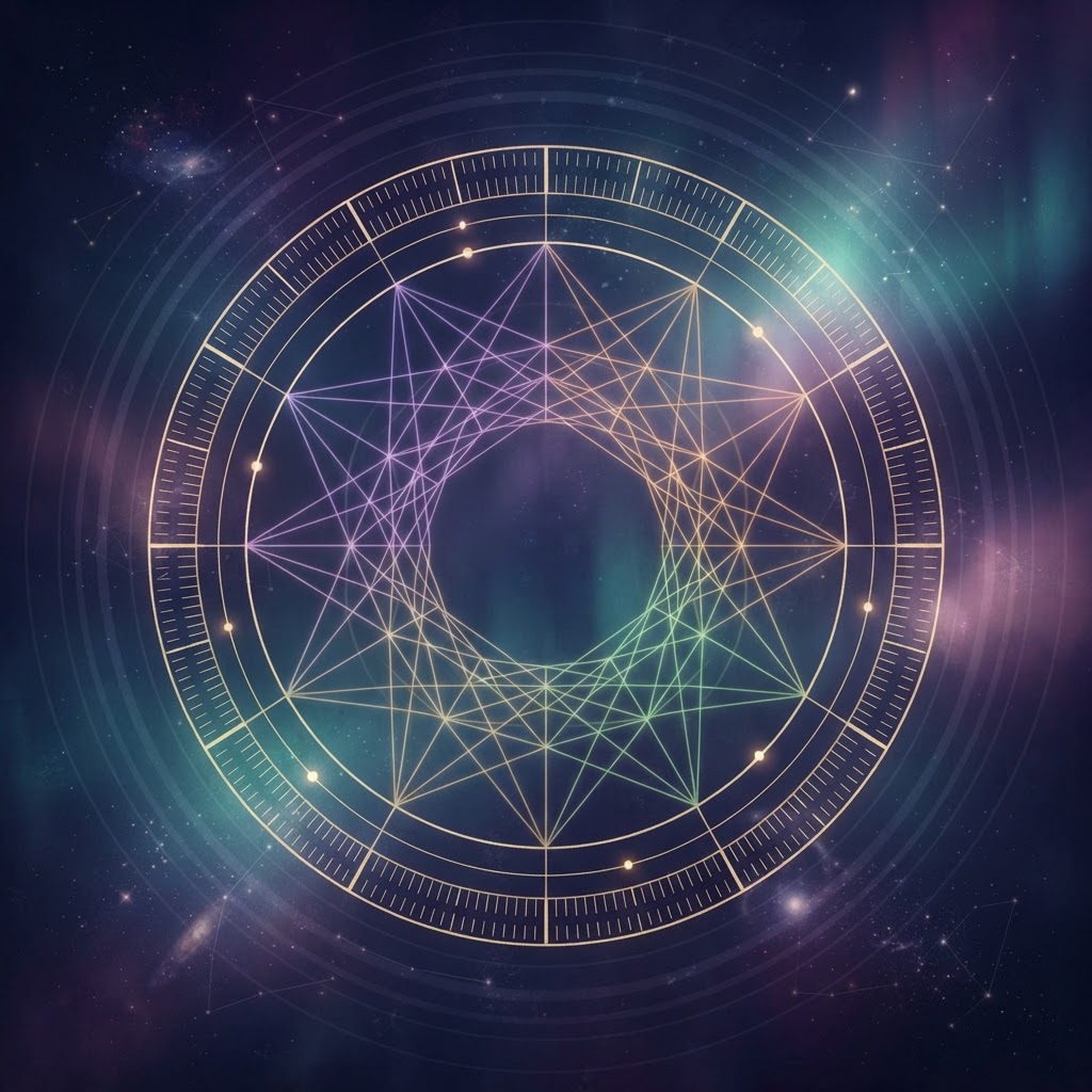 Ein feingeteilter Himmelskreis mit drei übereinandergelegten geometrischen Mustern – die Obertöne der Kreisteilung