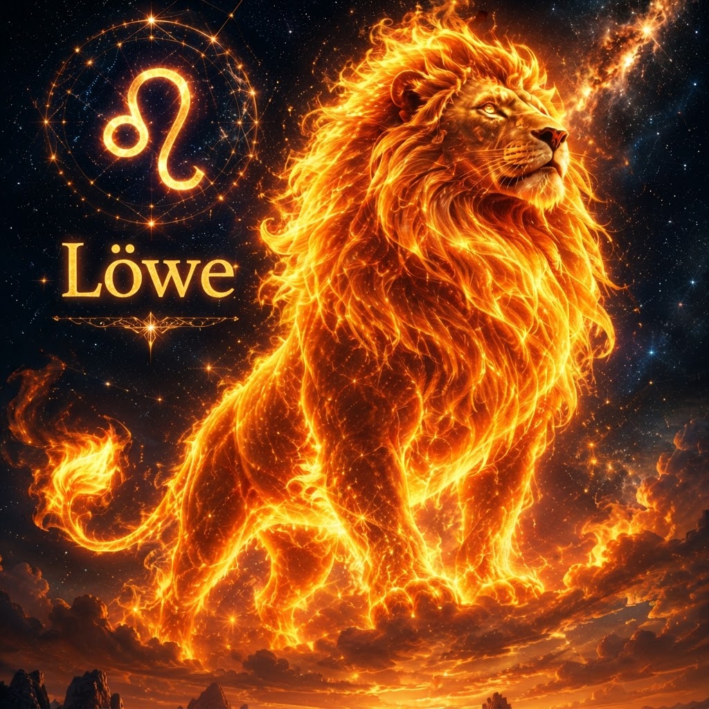 Der Feuer-Löwe: majestätischer Löwe aus Flammen vor Sternenhimmel, mit Löwe-Glyphe und dem Schriftzug Löwe