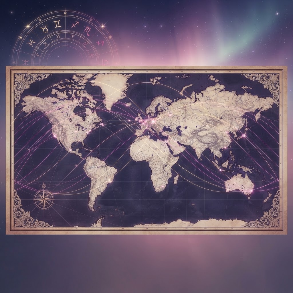 Weltkarte mit leuchtenden Planetenlinien der Astrokartographie