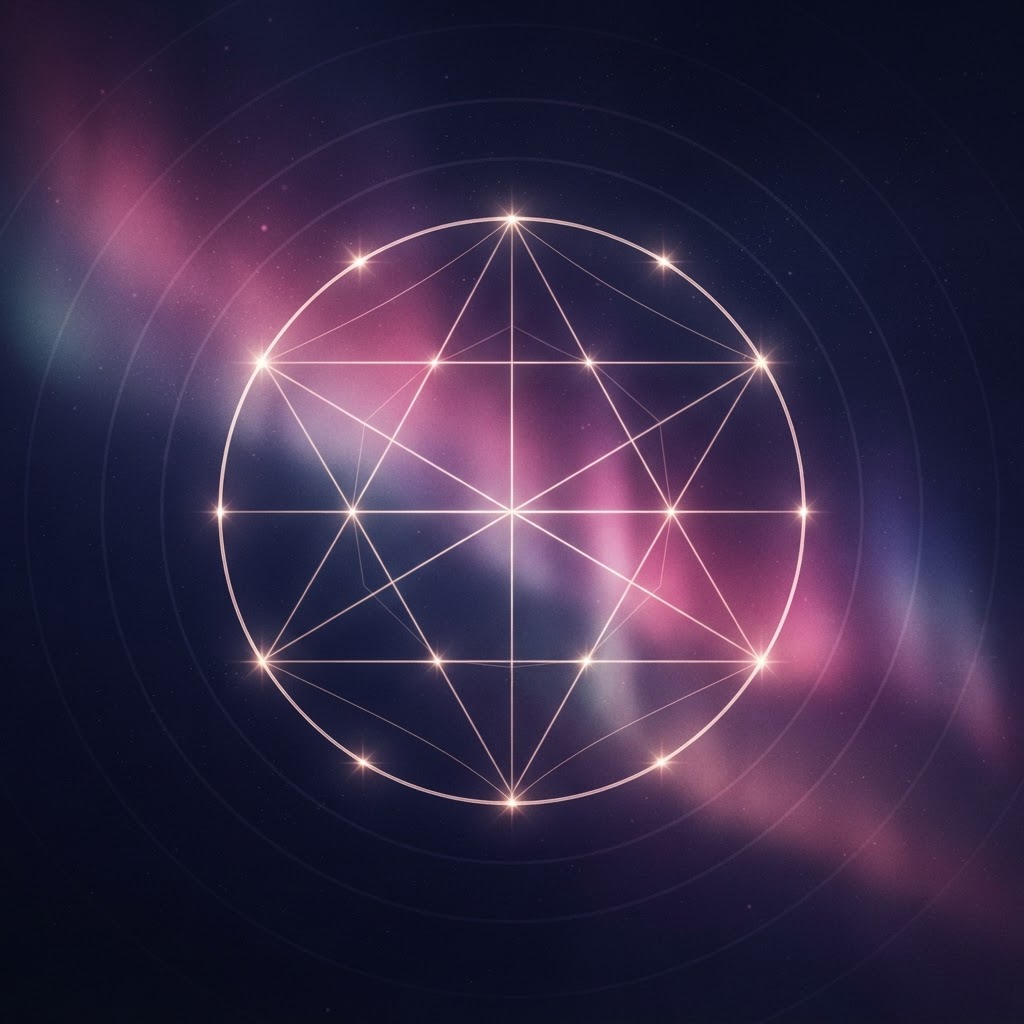 Leuchtender Kreis mit Sternpunkten, verbunden durch Linien zu Dreieck und Quadrat – astrologische Aspekte