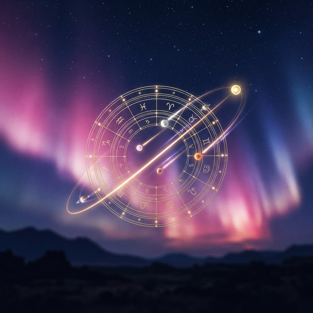 Leuchtende Planetenpunkte wandern über ein Tierkreisrad – astrologische Transite
