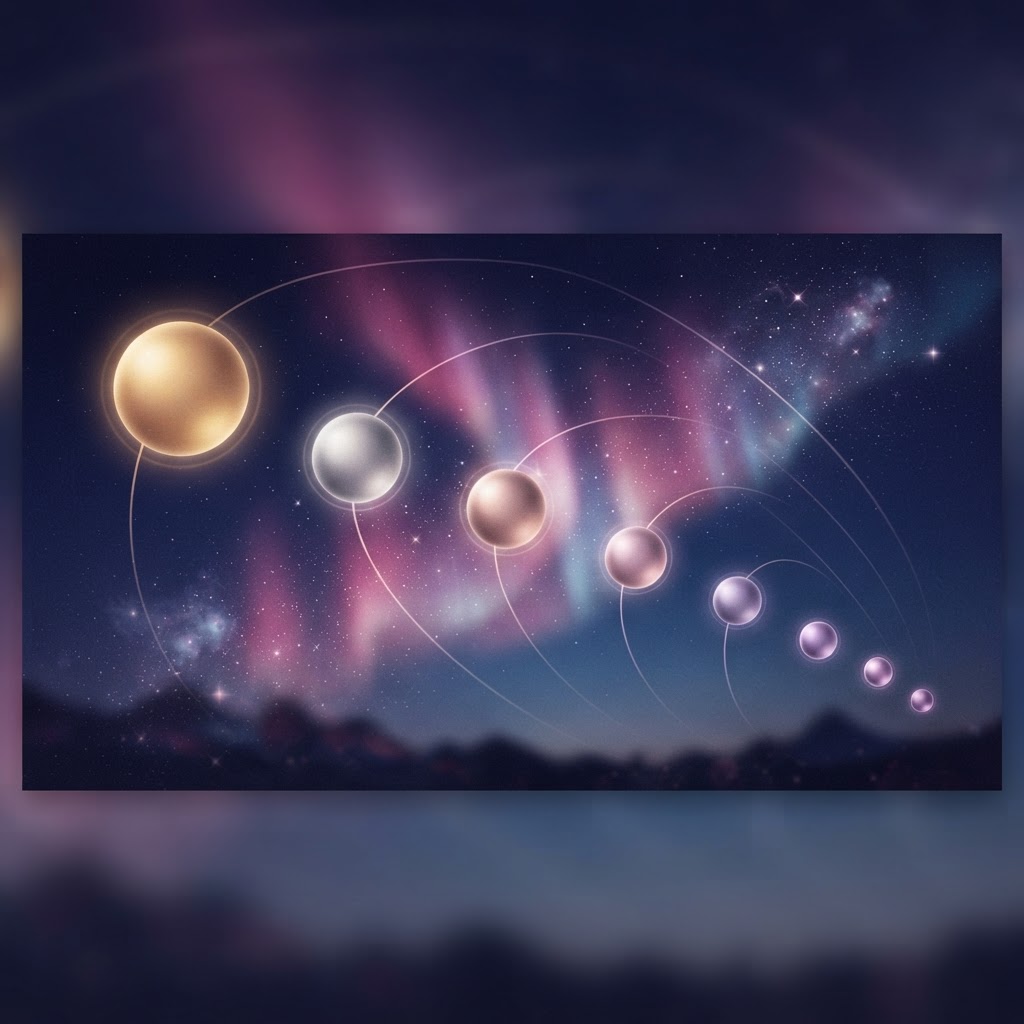 Zehn leuchtende Himmelskörper auf sanften Bahnen vor Aurora-Himmel – die Planeten der Astrologie