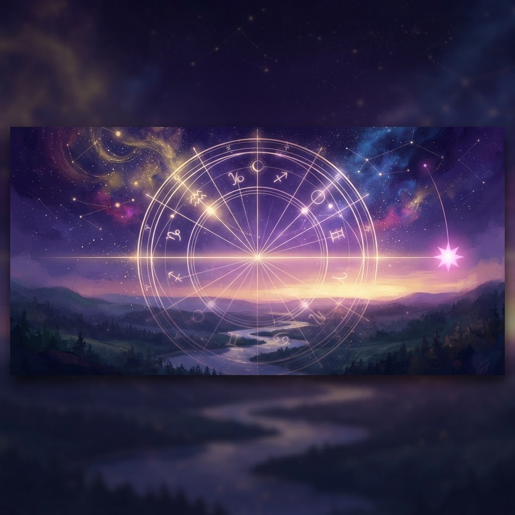 Horoskoprad aus Lichtlinien mit leuchtender Horizontlinie und einem sinkenden Stern am westlichen Rand