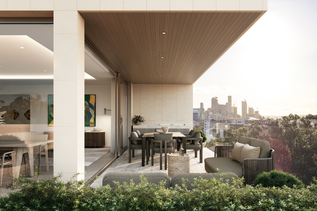Covered terrace with outdoor dining and city skyline views