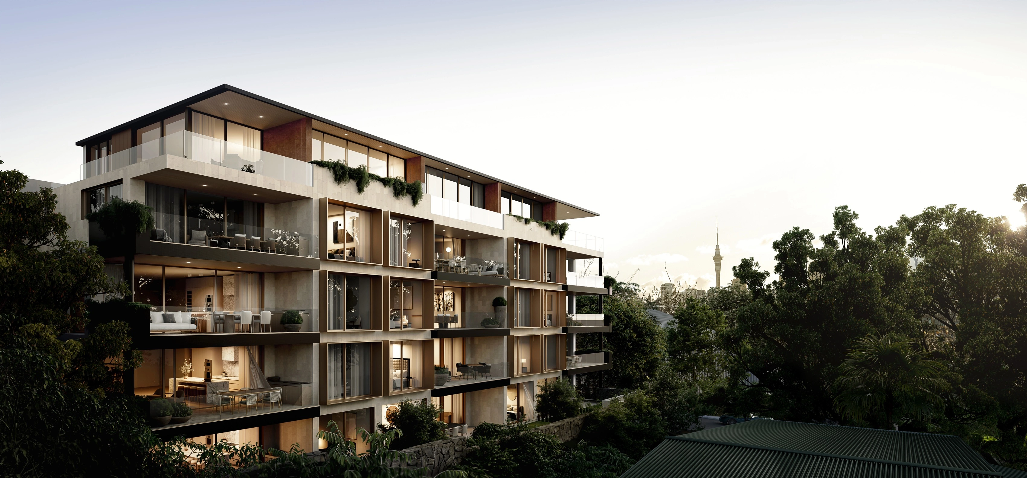 Elysian luxury apartments exterior with elegant stone facade in Parnell Auckland