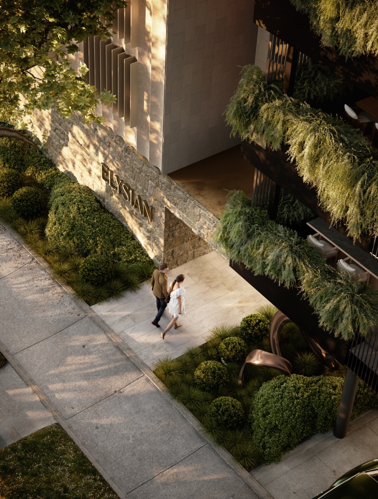 Elysian exterior architecture with landscaped entrance and residents walking through grounds