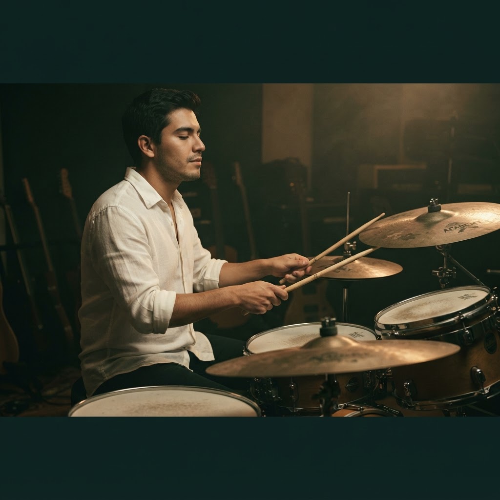 Baterista tocando en un estudio de música