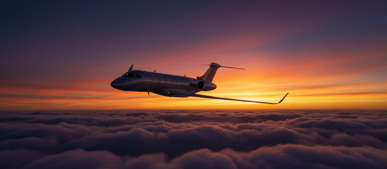 Private jet flying above clouds at golden hour