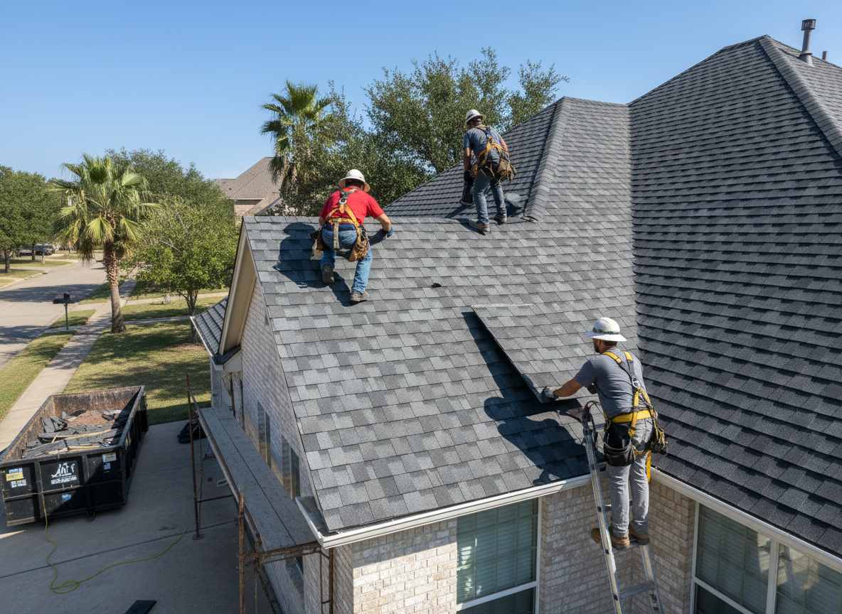 Roofing crew inspecting a roof