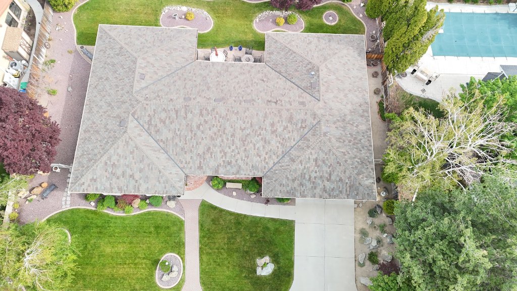 Aerial view of completed luxury home roof replacement by Dave Newell Roofing, Northern Nevada