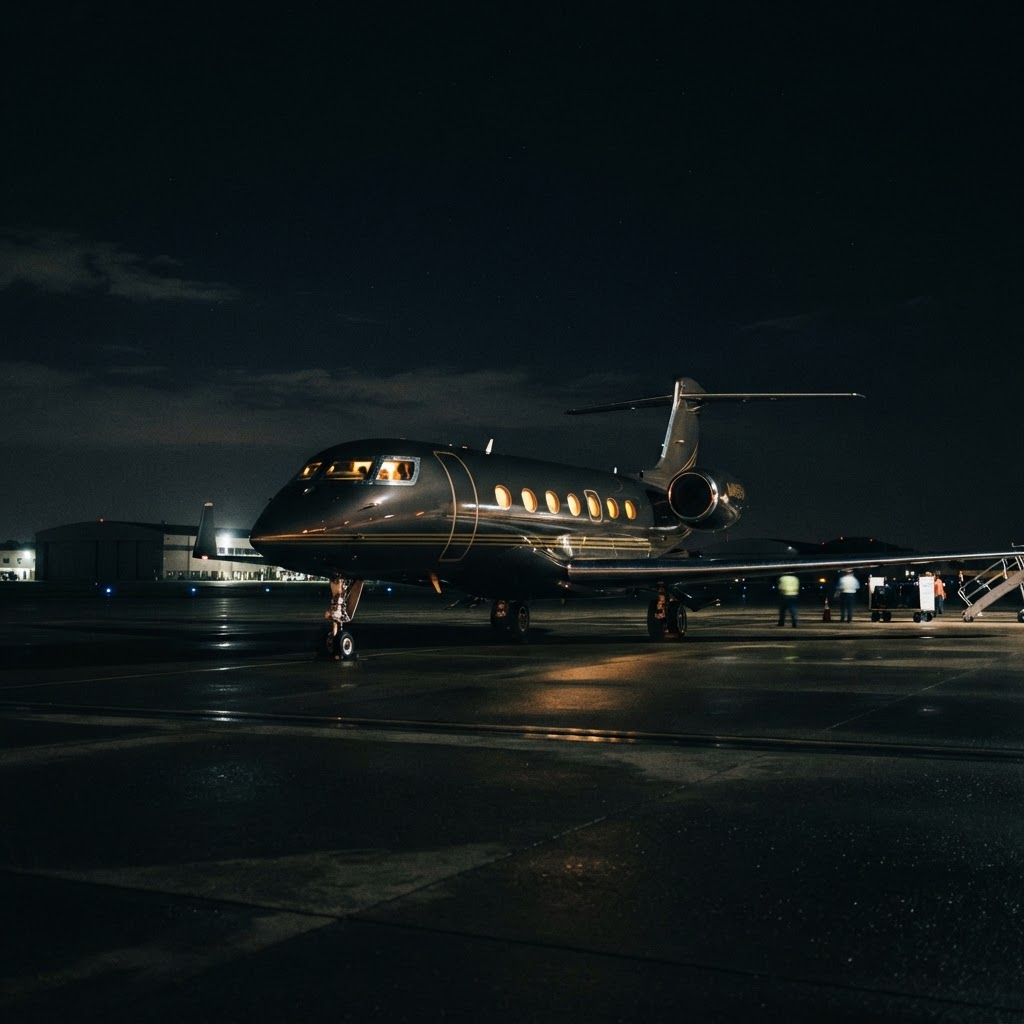 Private jet on the tarmac at night
