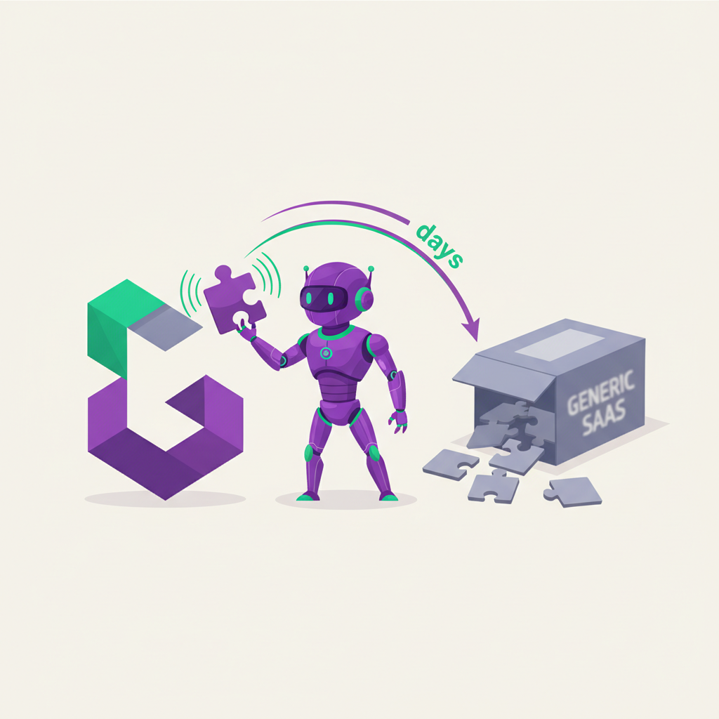A super agent rapidly building a perfectly-fitting niche solution while a generic one-size-fits-all SaaS box sits unused