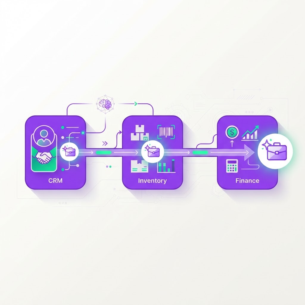 Multi-system workflows: one job that touches CRM, inventory and finance
