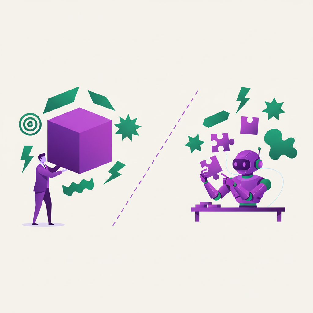 Generic one-size-fits-all SaaS box versus an agentic platform crafting perfectly fitting niche solutions for each unique business