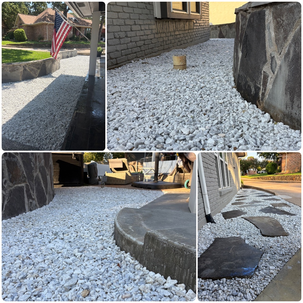Rock bed landscaping installation in Arlington Texas