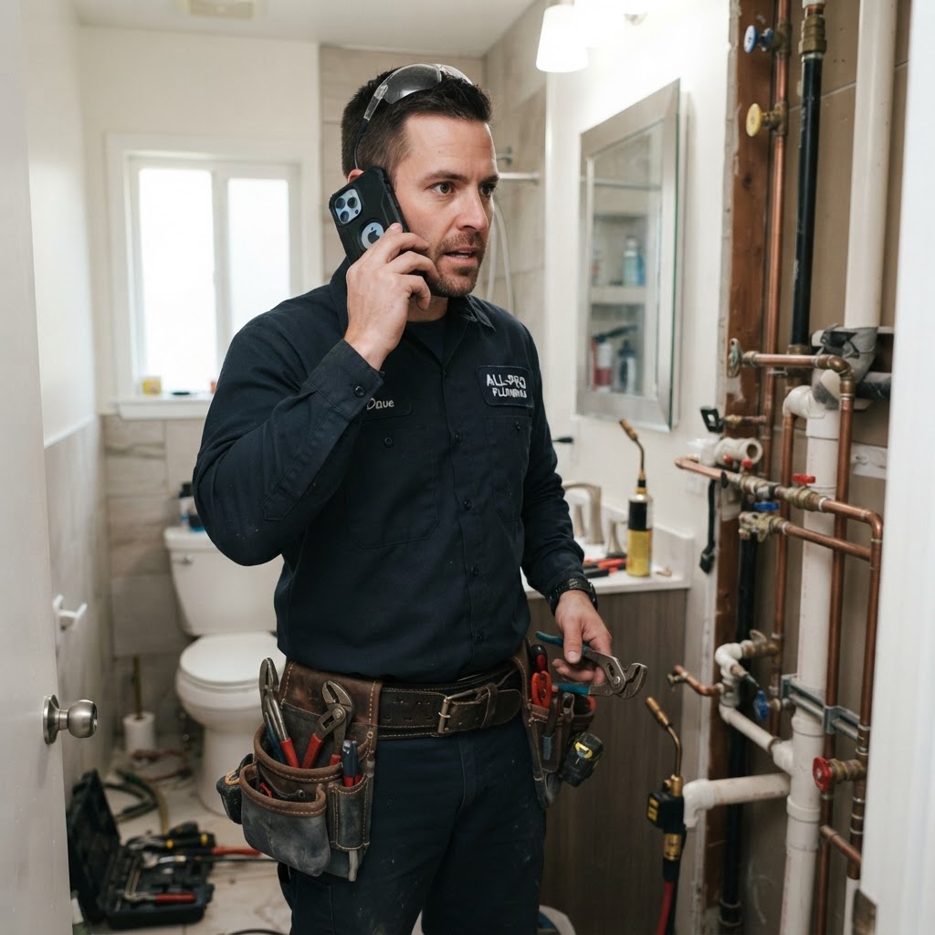 Plumber answering an incoming call on his phone while on a job