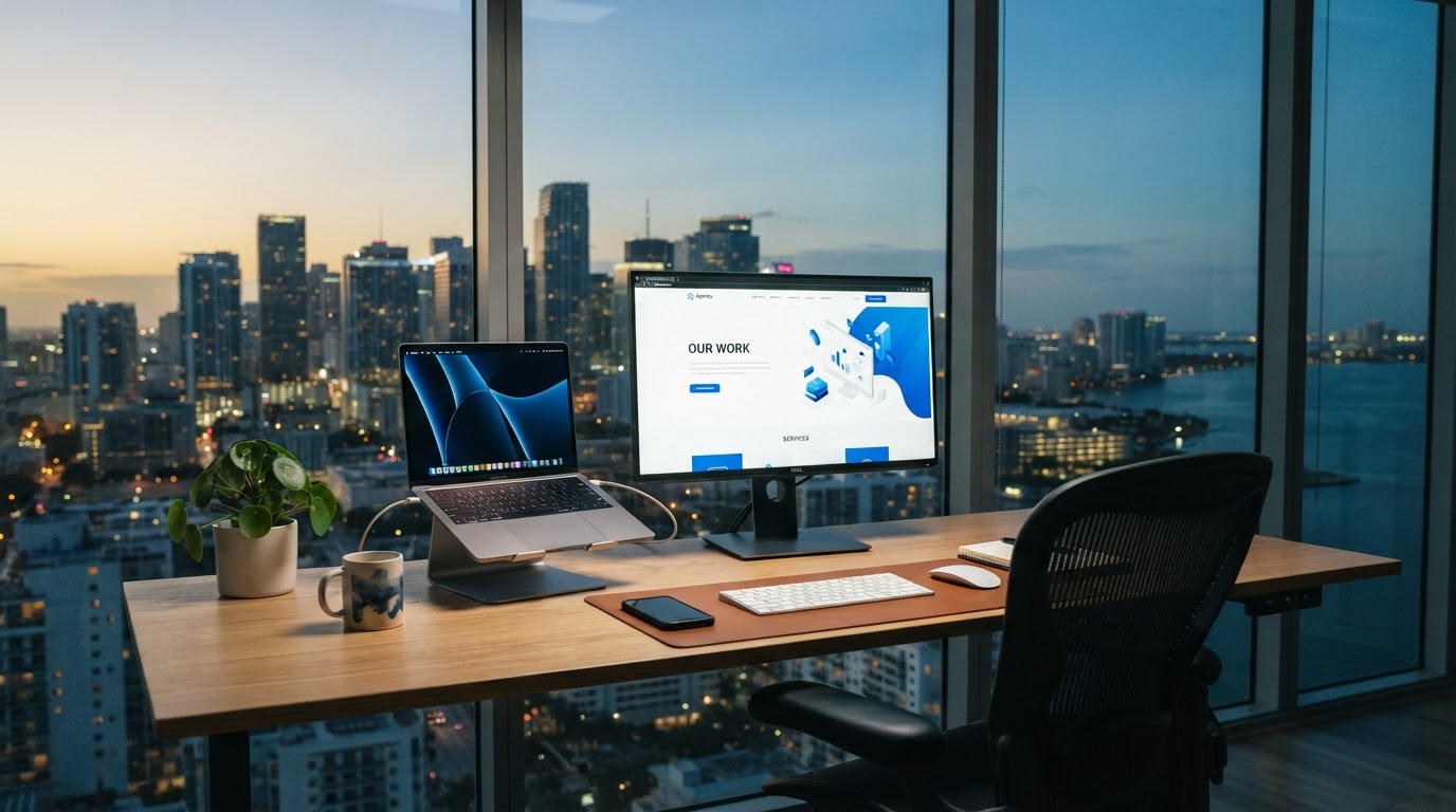Modern office workstation with a monitor showing the Solstice Digital homepage, a MacBook on a stand, and the Miami skyline through a glass window