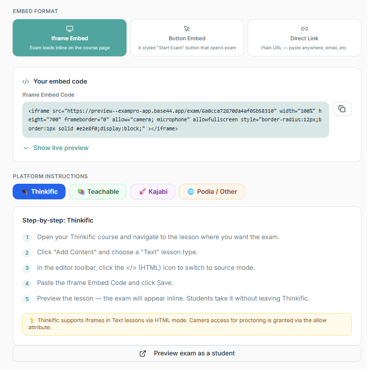 LMS Embed panel screenshot