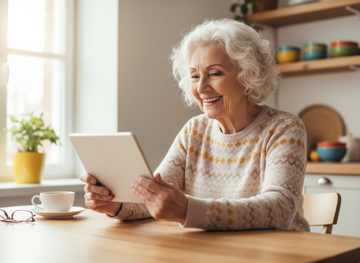 Senior nutzt Tablet mit Freude
