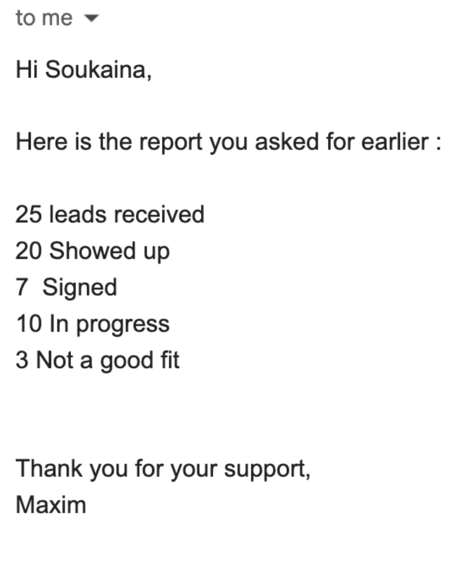 Client feedback screenshot