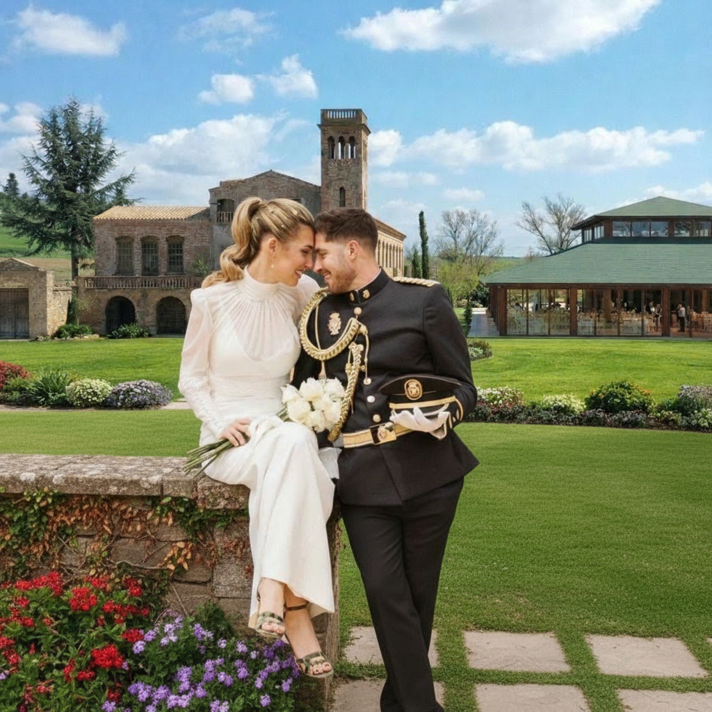 International couple at Abadía de Marol gardens, destination wedding