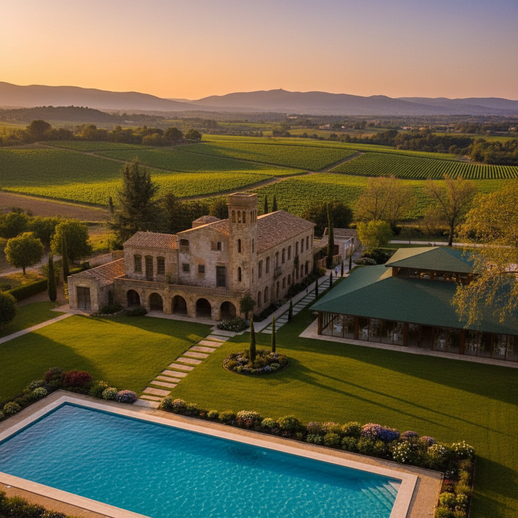 Vista aérea de la Abadía de Marol al atardecer, finca del siglo XI para bodas en Cataluña