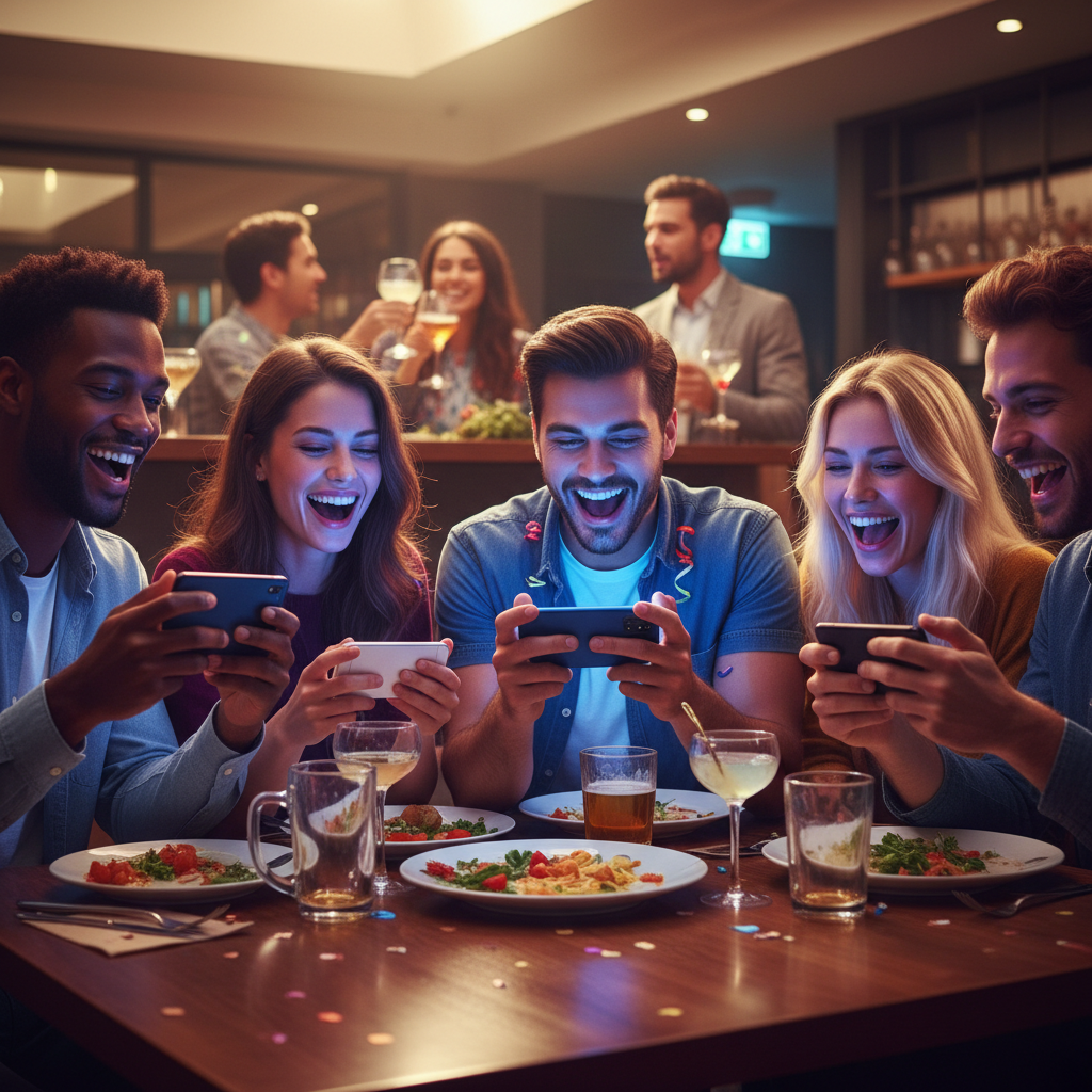 Grupo de amigos jugando juntos en restaurante