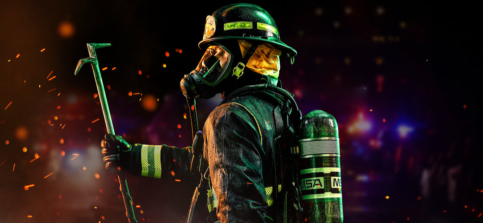 A firefighter wearing SCBA breathing apparatus and full turnout gear at a fire scene