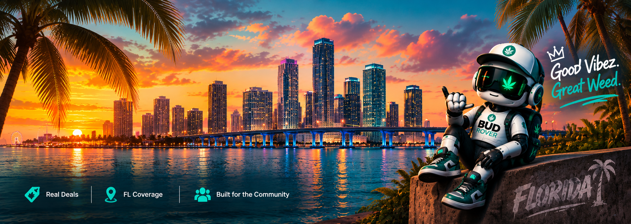 Bud Rover robot overlooking a Florida waterfront city skyline at sunset
