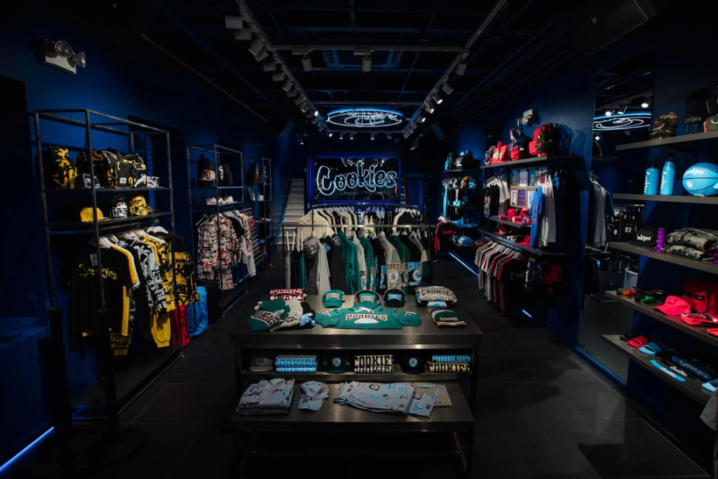 Cookies flagship interior with neon signage and curated displays