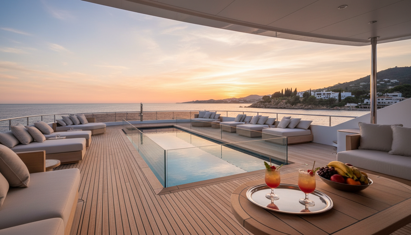 Luxury yacht deck at sunset