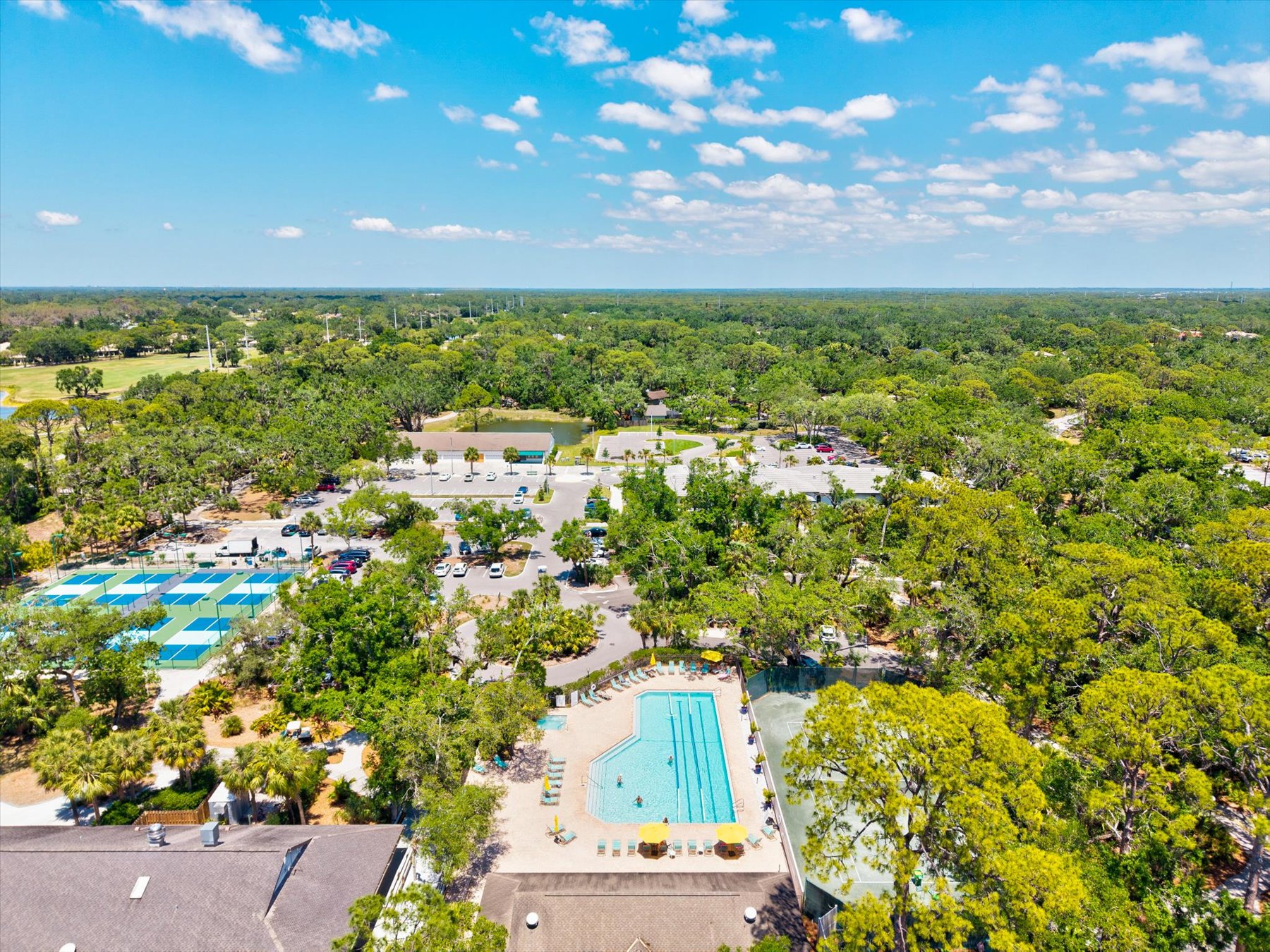 The community pool, tennis courts, and clubhouse from above