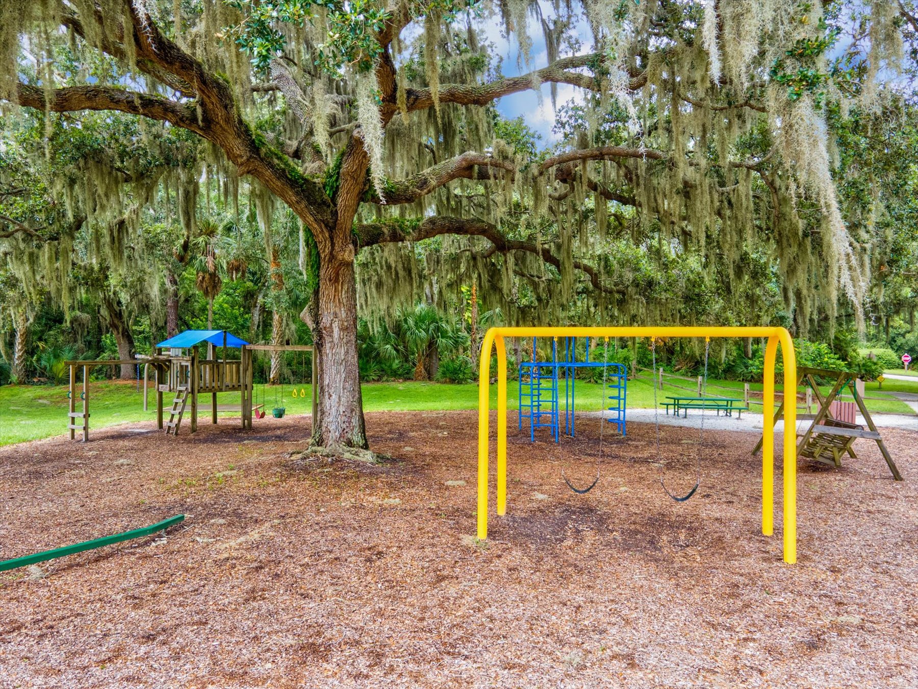 The community playground, shaded by mature oaks