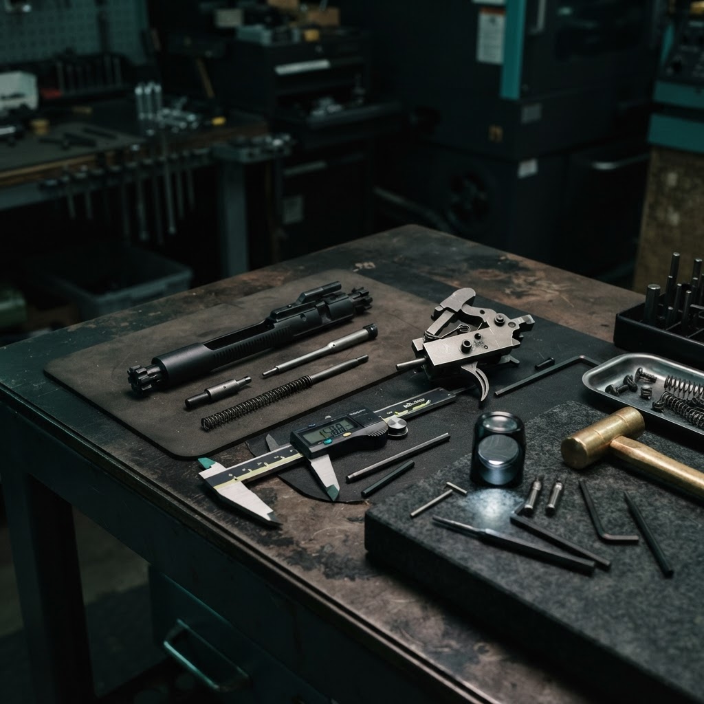 Professional armorer workbench with firearm components