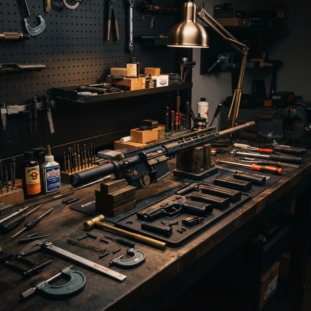 Professional armorer workbench with firearm components