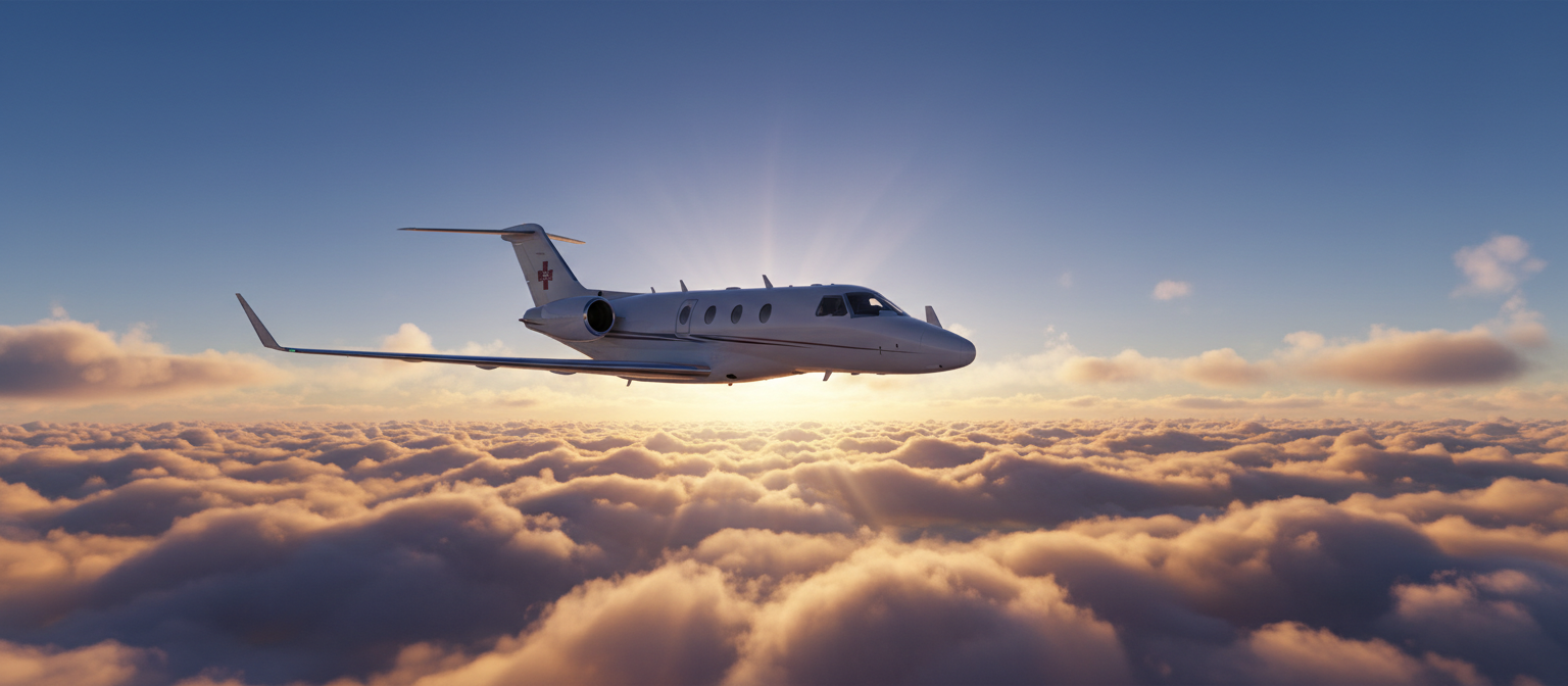 Air ambulance jet in flight
