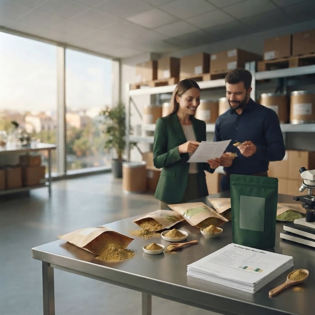 Foodiglobal food-ingredients office-lab with powder samples, packaging and team collaboration