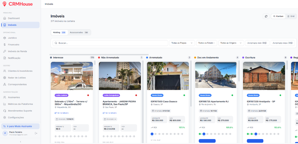 Kanban de imóveis do CRM House