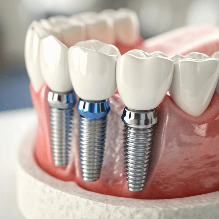 Blue and silver dental implant abutments in jaw model