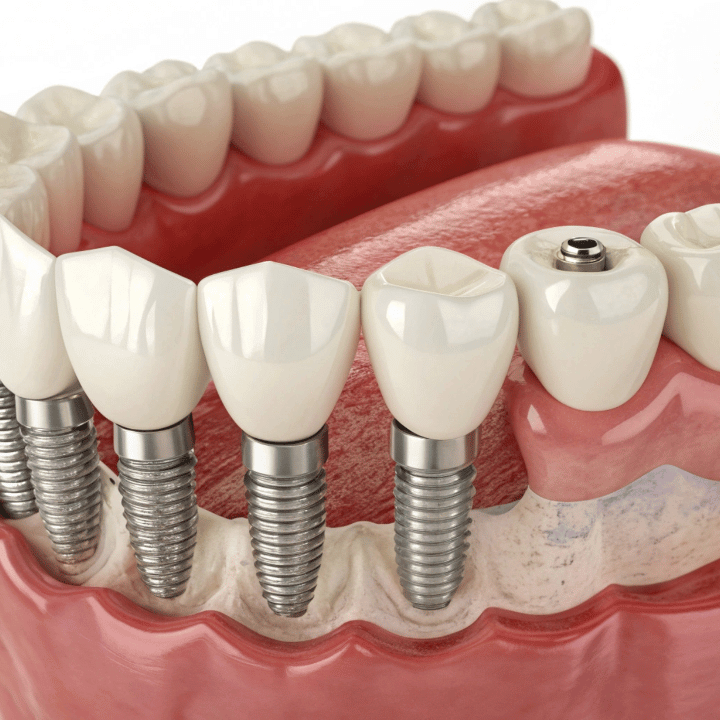 Dental implants in jawbone model showing multiple implant posts