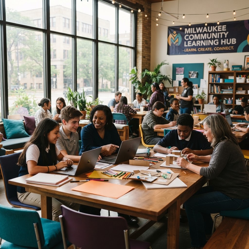 Students and adults learning together in a collaborative community space
