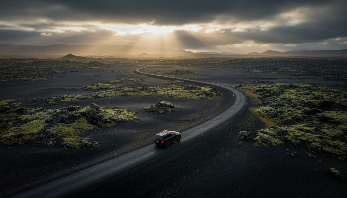 Lone 4x4 vehicle driving through vast Icelandic volcanic landscape under dramatic sky