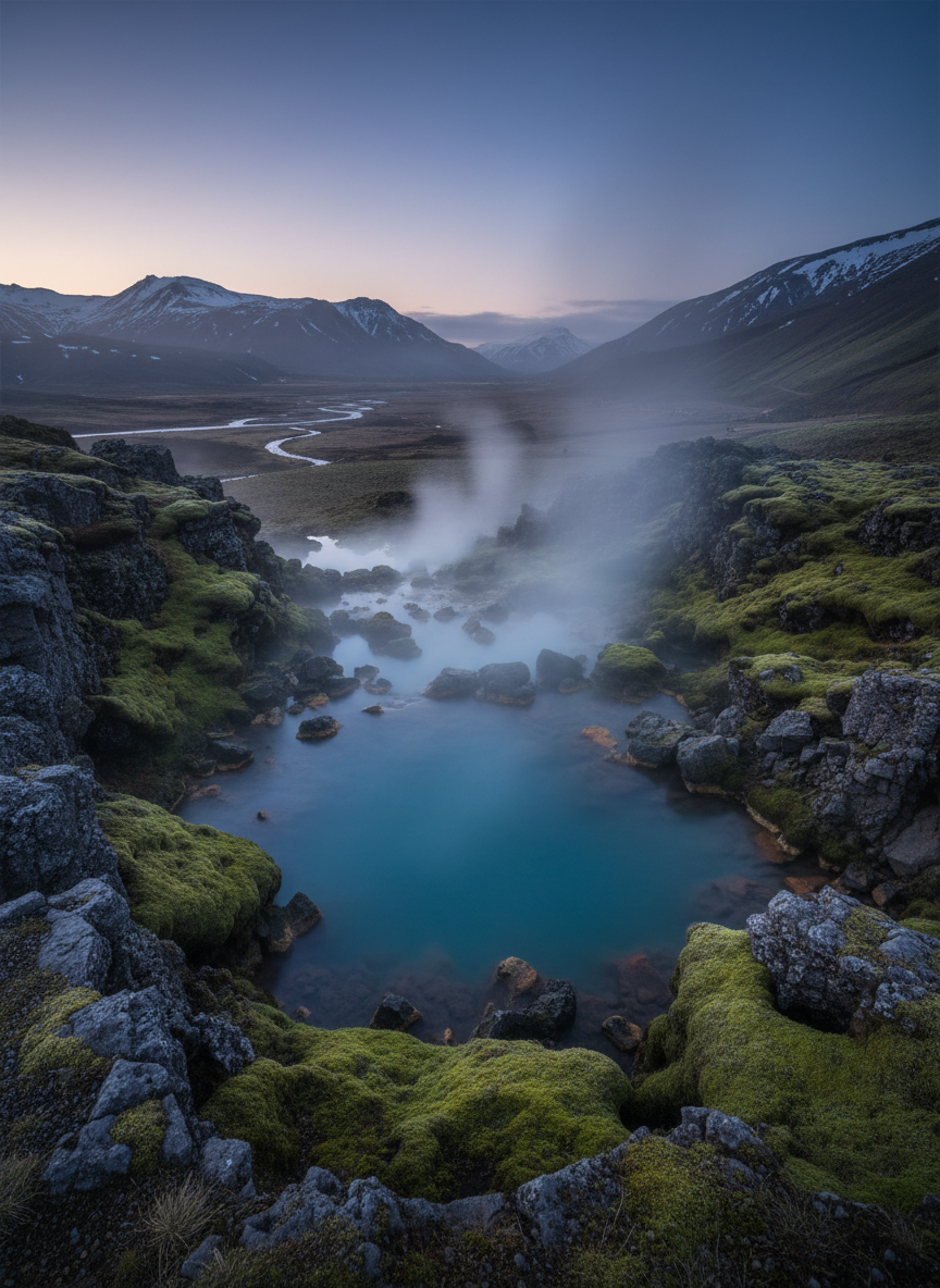 Secluded geothermal hot spring in Icelandic highlands with rising steam and moss-covered rocks