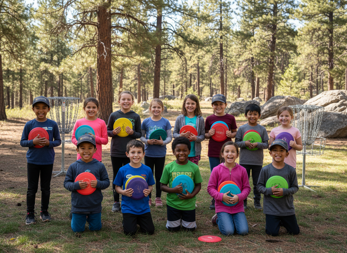 Kids group on disc golf course