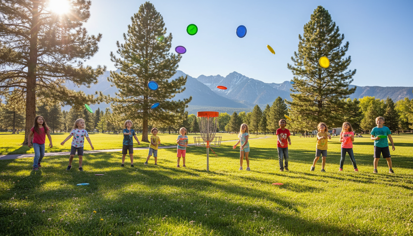 Kids playing disc golf outdoors