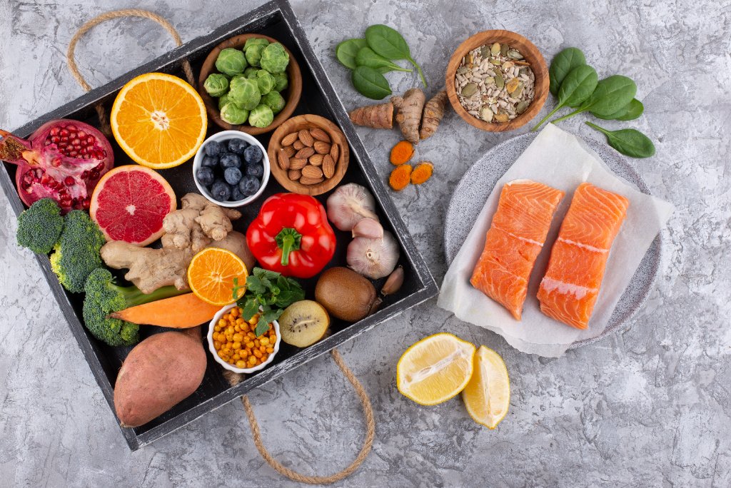 Vitamin B12 rich foods including fish, vegetables and citrus fruits