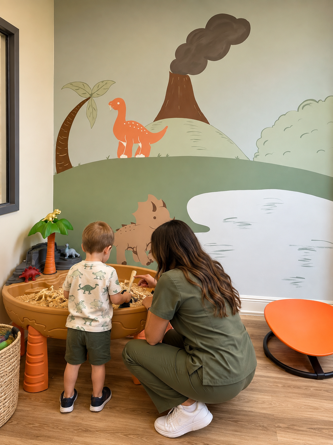 Child exploring a dinosaur sensory activity with an RBT at Sunny Days Early Intervention Center.