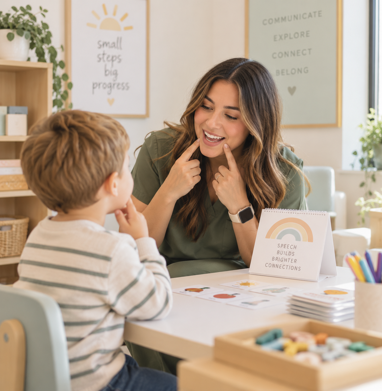 A speech-language professional and child communicating together through play and a book.