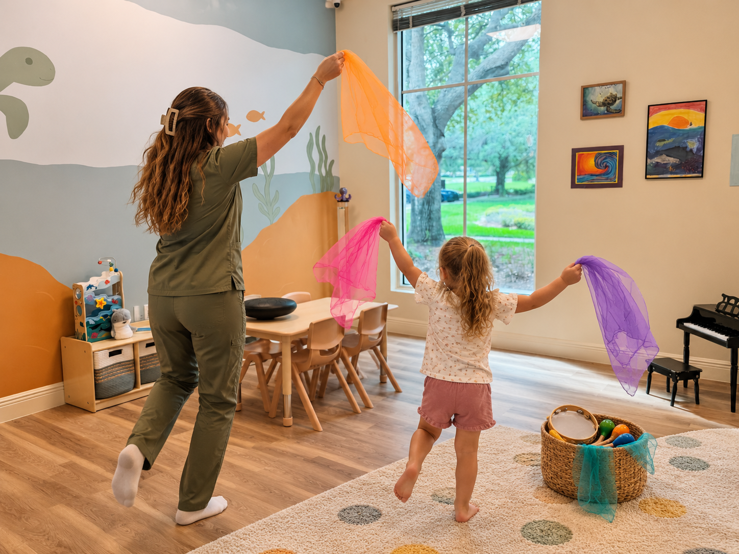 Child participating in music and movement activities with an RBT at Sunny Days Early Intervention Center.
