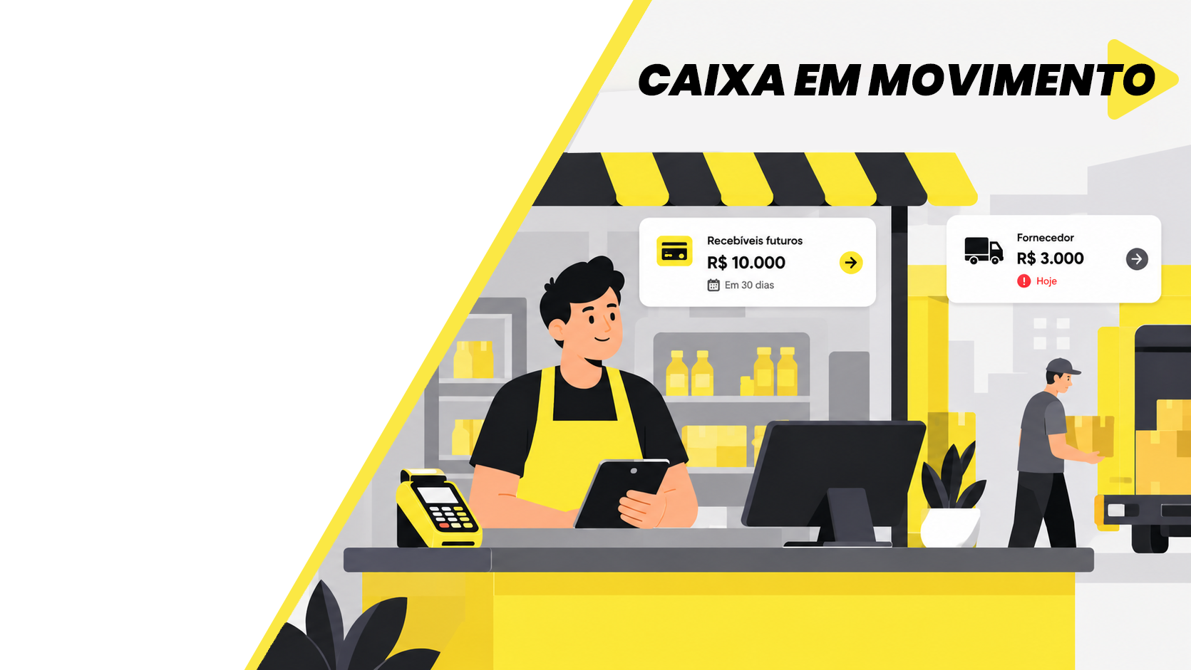 Ilustração do jogo Caixa em Movimento com lojista antecipando recebíveis para pagar o fornecedor com o e-check